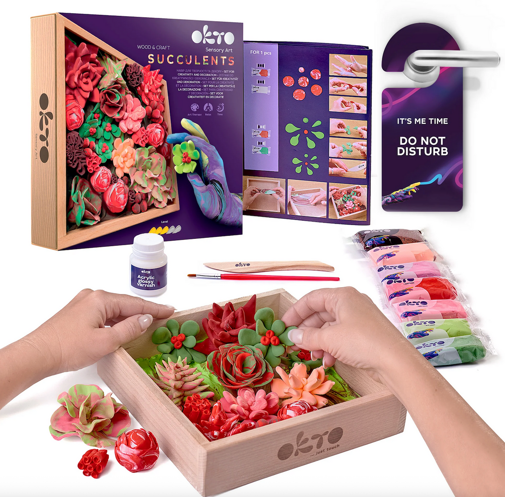 Arts and crafts kit with colorful succulents made from molding clay, instruction booklet, and tools that are included. 