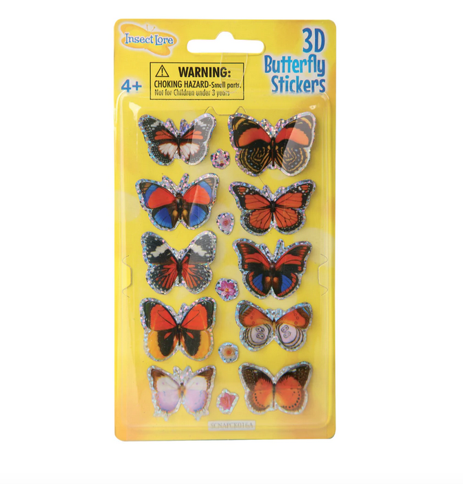 10 3D iridescent shaped butterfly stickers on a yellow background package. 