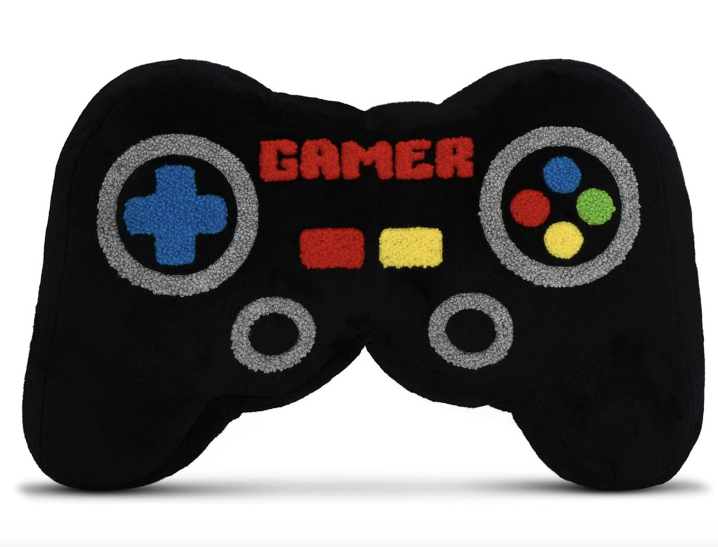 Chenille plush pillow shaped like a classic video game controller with bright yellow, green, red and blue accents. 