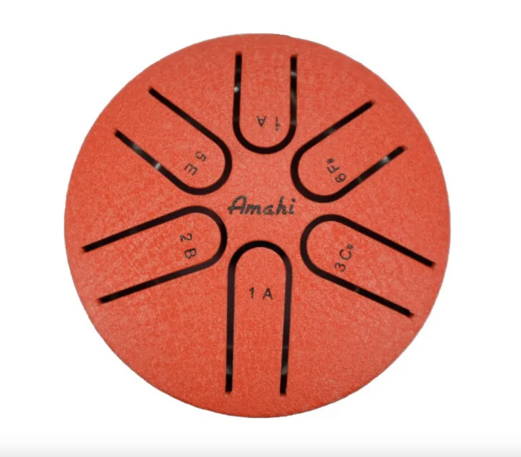 Red 3" Steel Tongue Drum with 6 notes labeled. 