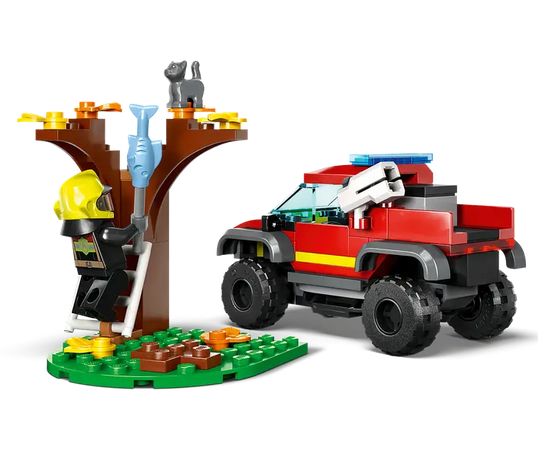 LEGO 4x4 Fire Rescue Truck with the included tree and Firefighter minifigure. 