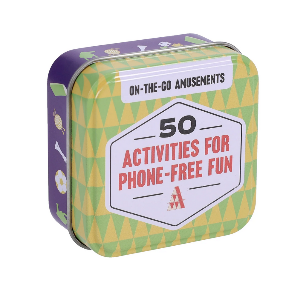 Yellow, green and purple tin containing the 50 Activities For Phone Free Fun cards. 