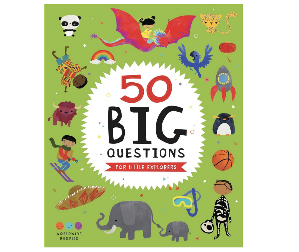 Cover of the "50 Big Question to Discover the World" with illustrations of all sorts of animals, mythical creatures and other various items that are explored in the book. 