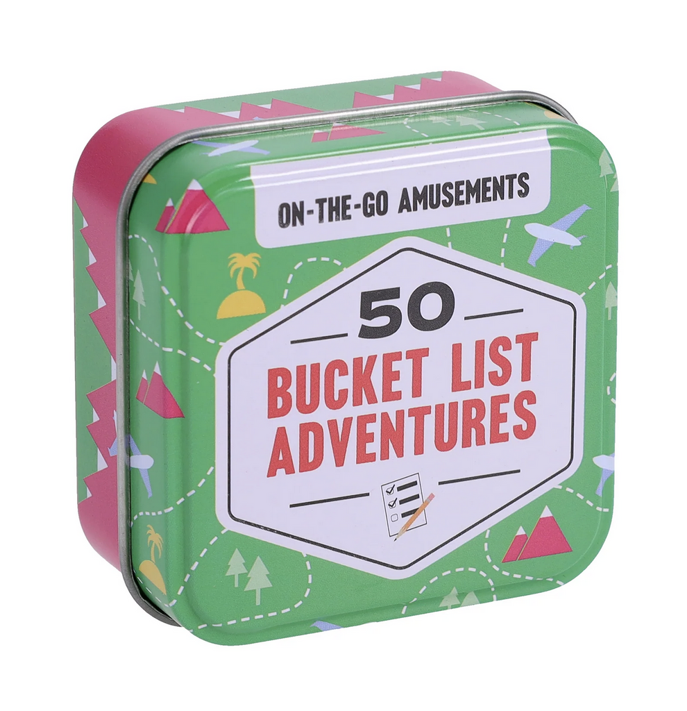 Green and pink tin containing the 50 Bucket List Adventiures cards. 