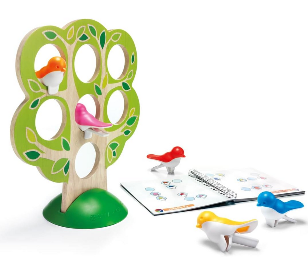 Colorful bird figures, a tree-shaped stand and a challenge book that are all parts of the 5 Little Birds game. 