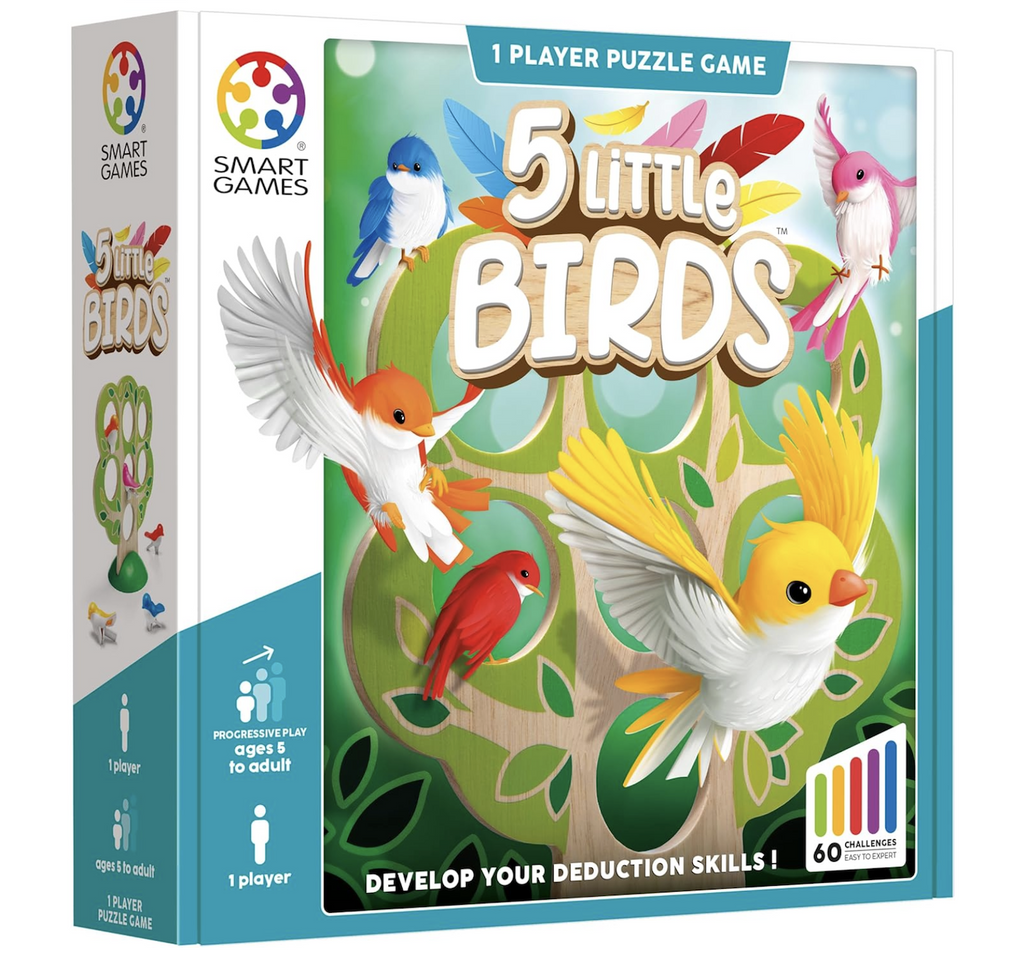 Box for the 5 Little Birds puzzle game with an illustration of colorful birds flying through the air and landing on the wooden tree game piece. 