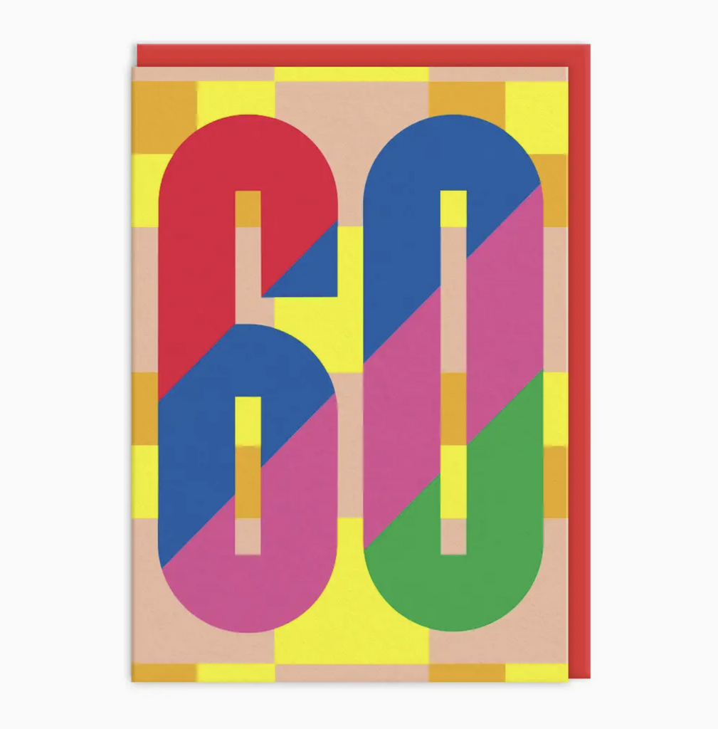 Brightly colored number 60 on top of contrasting colors and geometric pattern. 