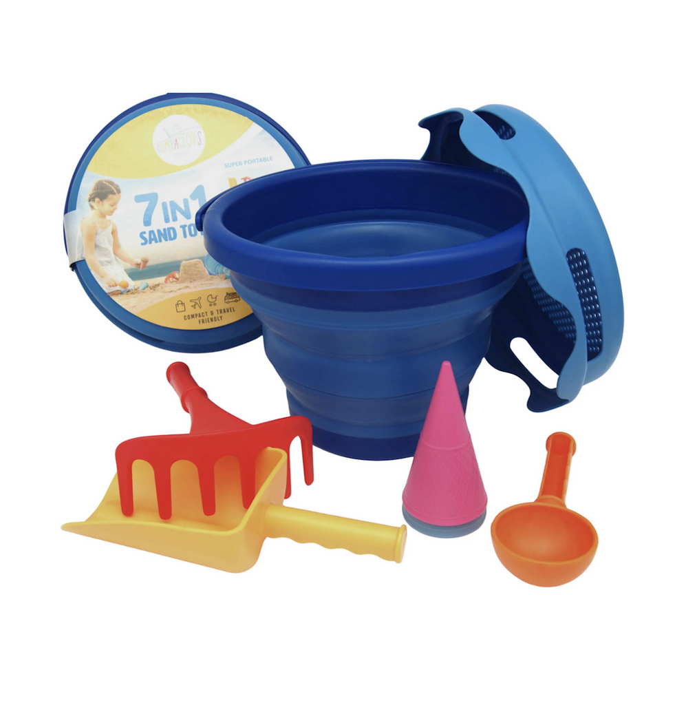 Collapsible blue sand bucket with sifter lid, red rake, yellow shovel, two ice cream cones, and scoop. 