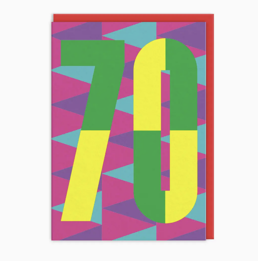 Number 70 in bright colors on top of contrasting colors in a geometric pattern. 