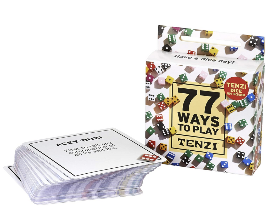 77 Ways to Play Tenzi game box with the deck of cards in front. 