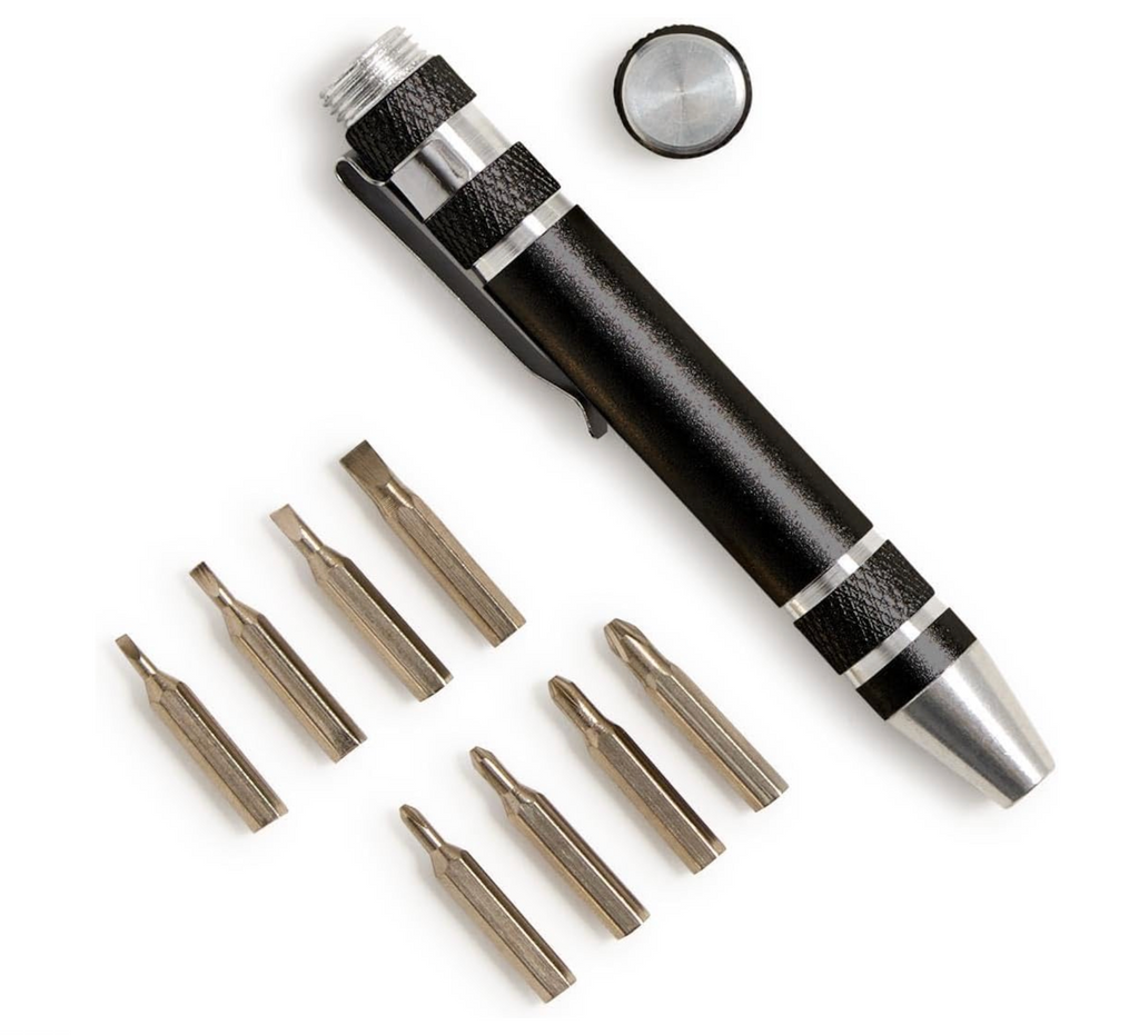 Pocket sized 8 in 1 screwdriver with eight interchangeable bits that are stored inside the barrel of the tool. 