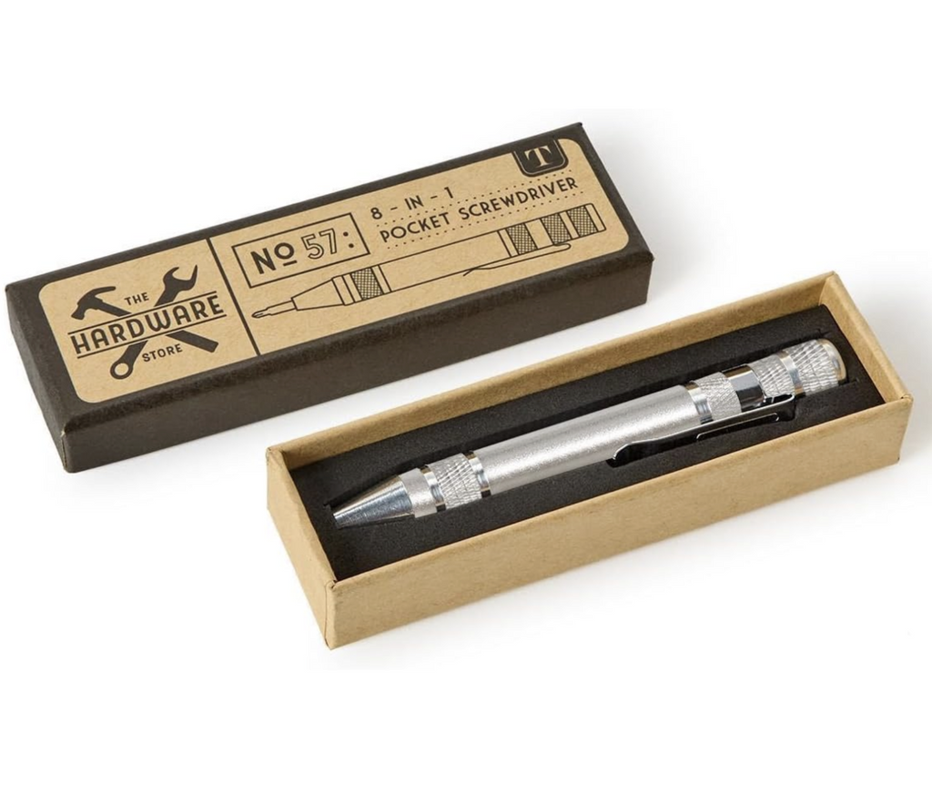 Pen shaped 8 in 1 pocket screwdriver packaged in a gift box. 