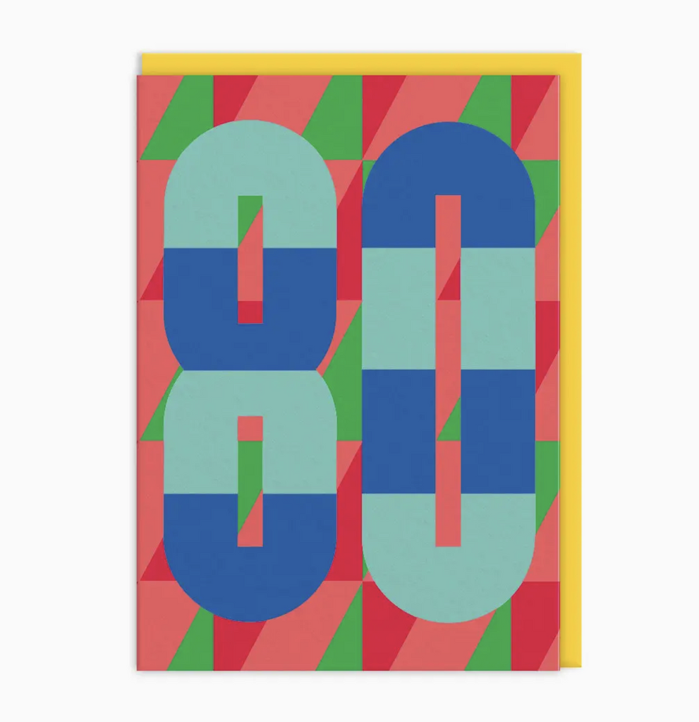 The number 80 in bright colors on top of contrasting colors in a geometric pattern.