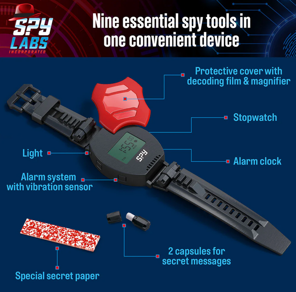 Picture with text sharing various features of the spy watch-protective cover with decoding film & magnifier; light; stopwatch; alarm clock; alarm system with vibration sensor; special secret paper; 2 capsules for secret messages.