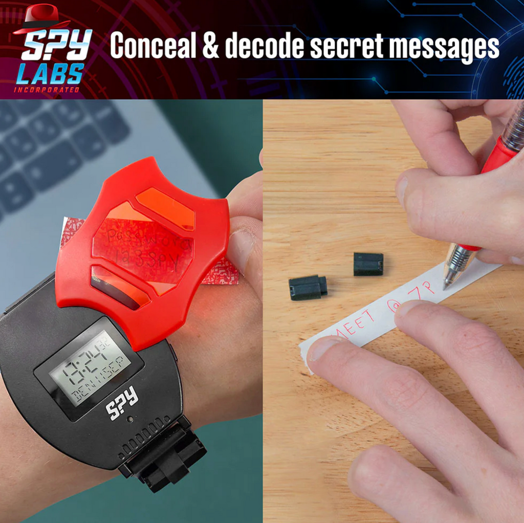  Wrist wearing watch using red screen to decode a message next to hands writing a secret message on the included special paper.