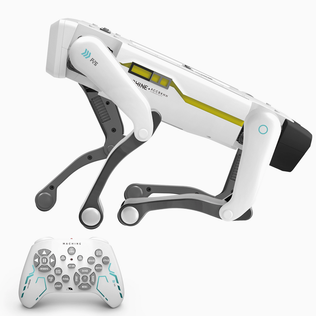 A.I. Dog remote controlled robot pictured from the side in a sitting position. 