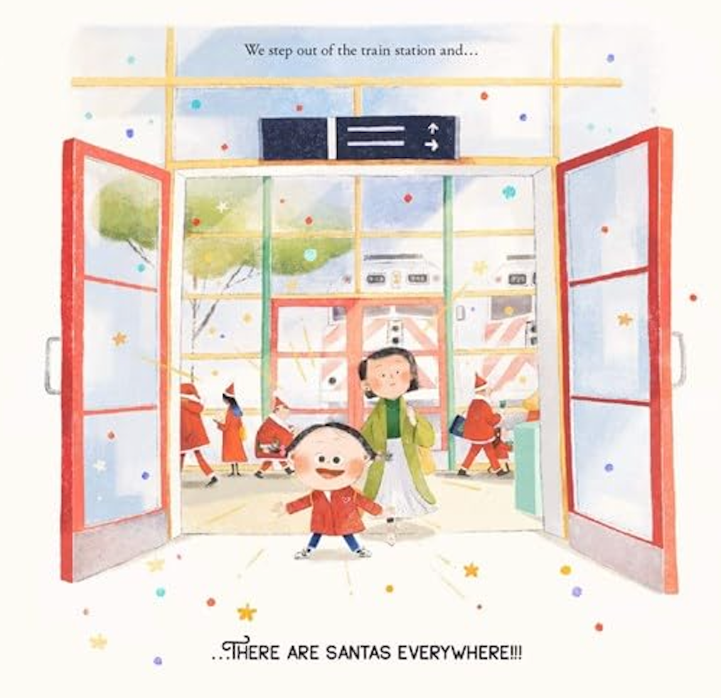 Illustrated interior page from A City Full of Santas of a young girl and her mother leaving the train station to see that there are Santas everywhere. 