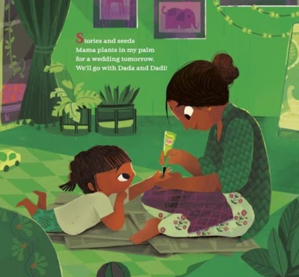 Interior page from "A Garden in my Hands" with a mother decorating a young girls hands with henna.