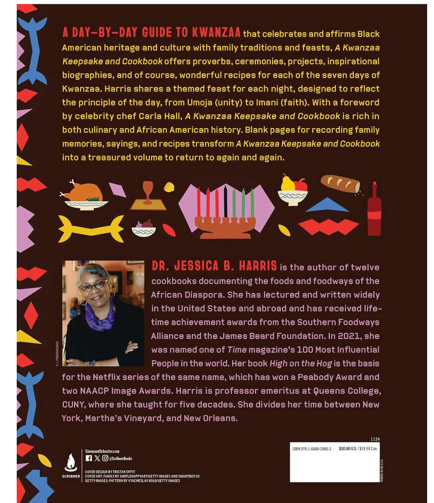 The back cover of A Kwanzaa Keepsake and Cookbook with a short explanation of the what's in the book and a picture of author Dr. Jessica B. Harris. 