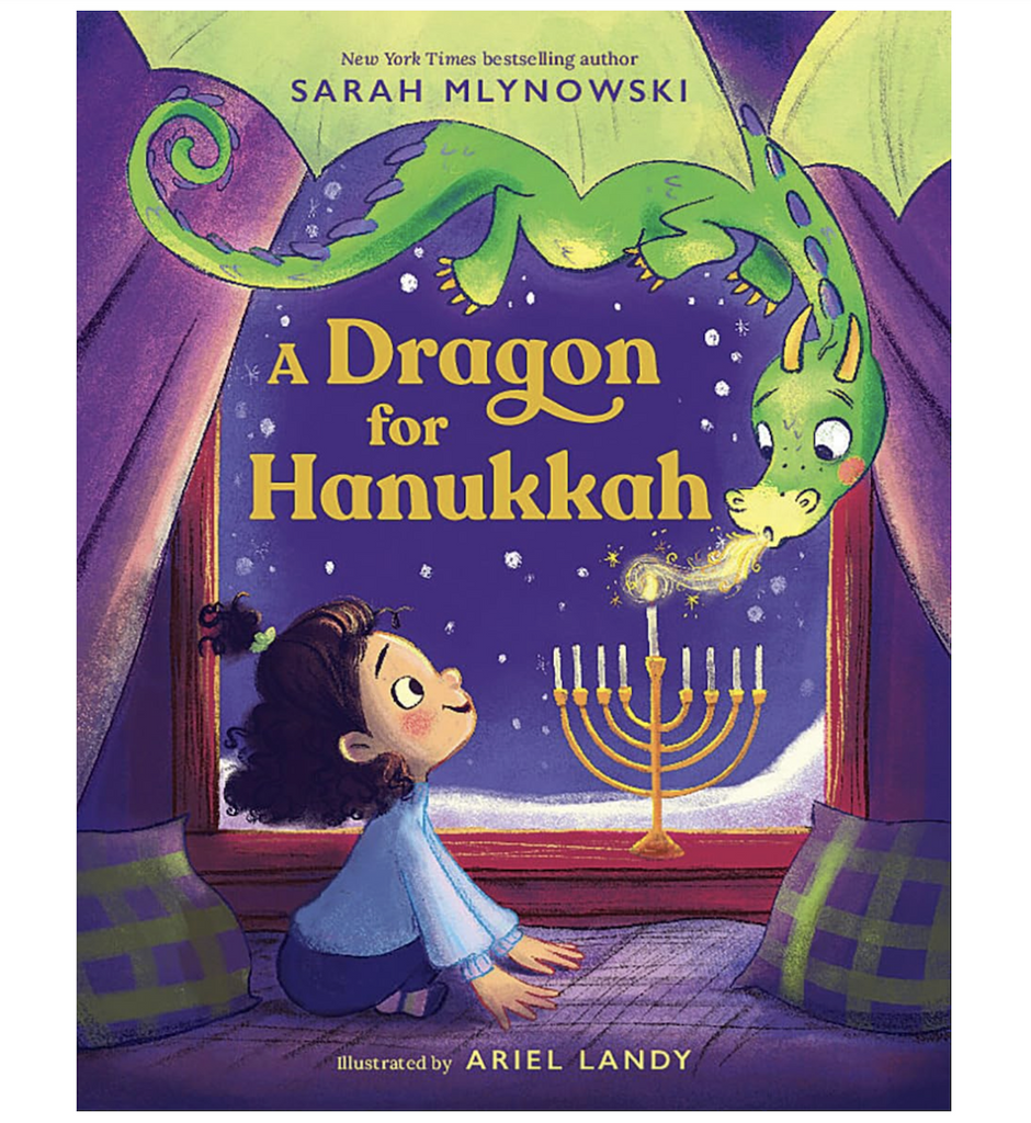 Illustrated cover of A Dragon for Hanukkah with a little girl by the window and a dragon flying down to light the menorah. 