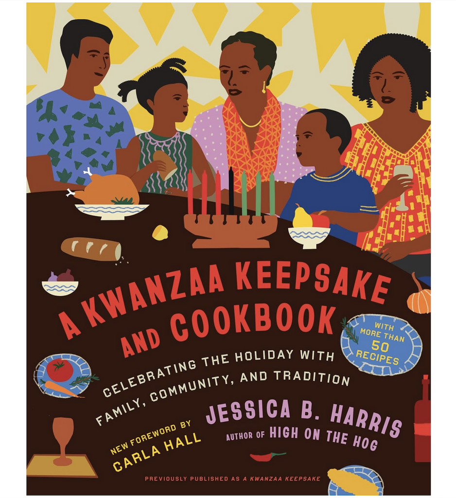 The cover of A Kwanzaa Keepsake and Cookbook with an illustration of a family around a table with the kinara and traditional foods. 