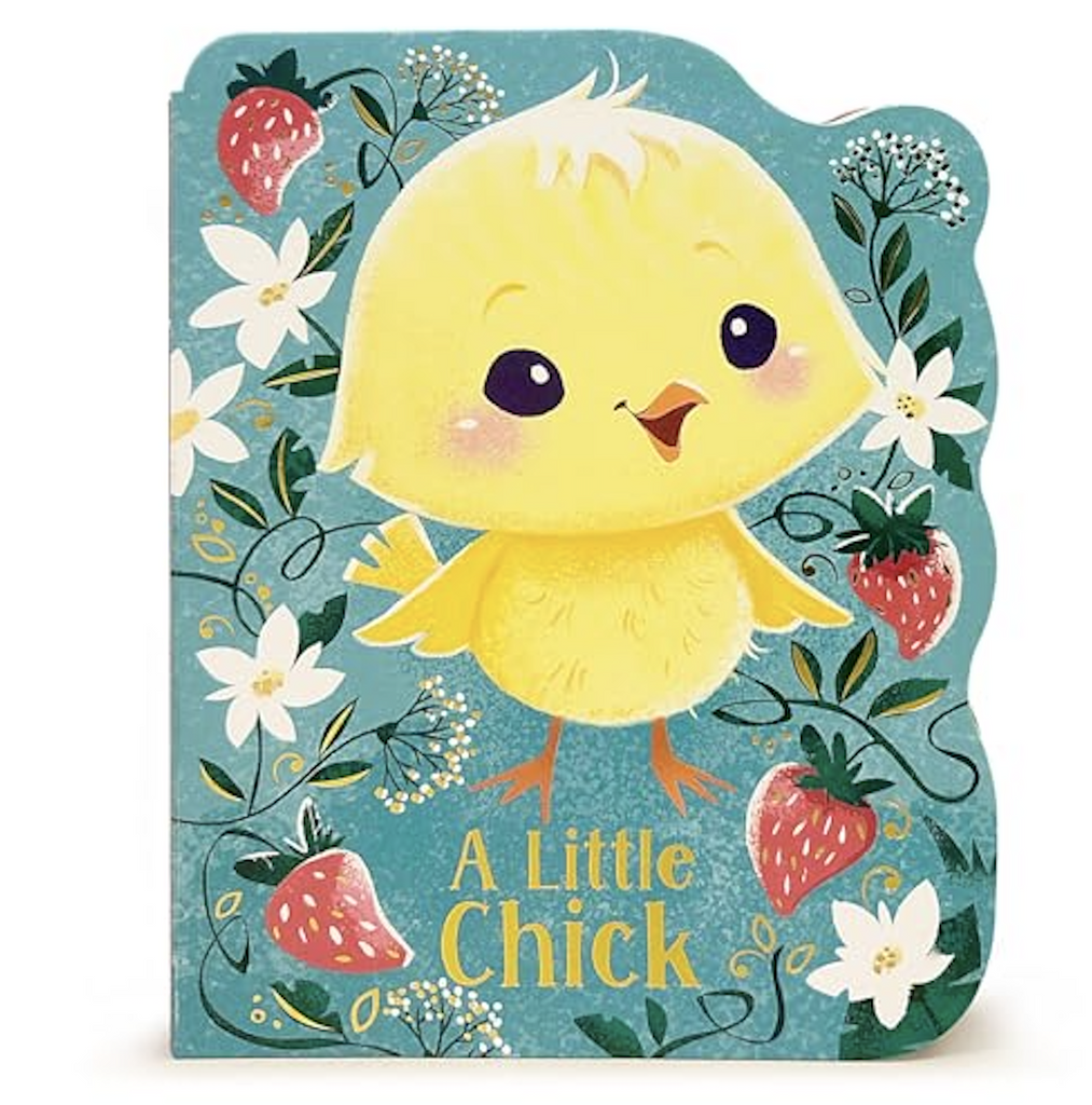 SHaped board book with an adorable illustration of a baby chick surrounded by flowers and berries. 