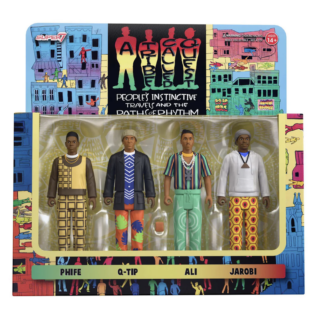 A Tribe Called Quest set of 4 action figures packaged in a box inspired by the artwork on the 1990 album "People's Instinctive Travels And The Paths of Rhythm" 