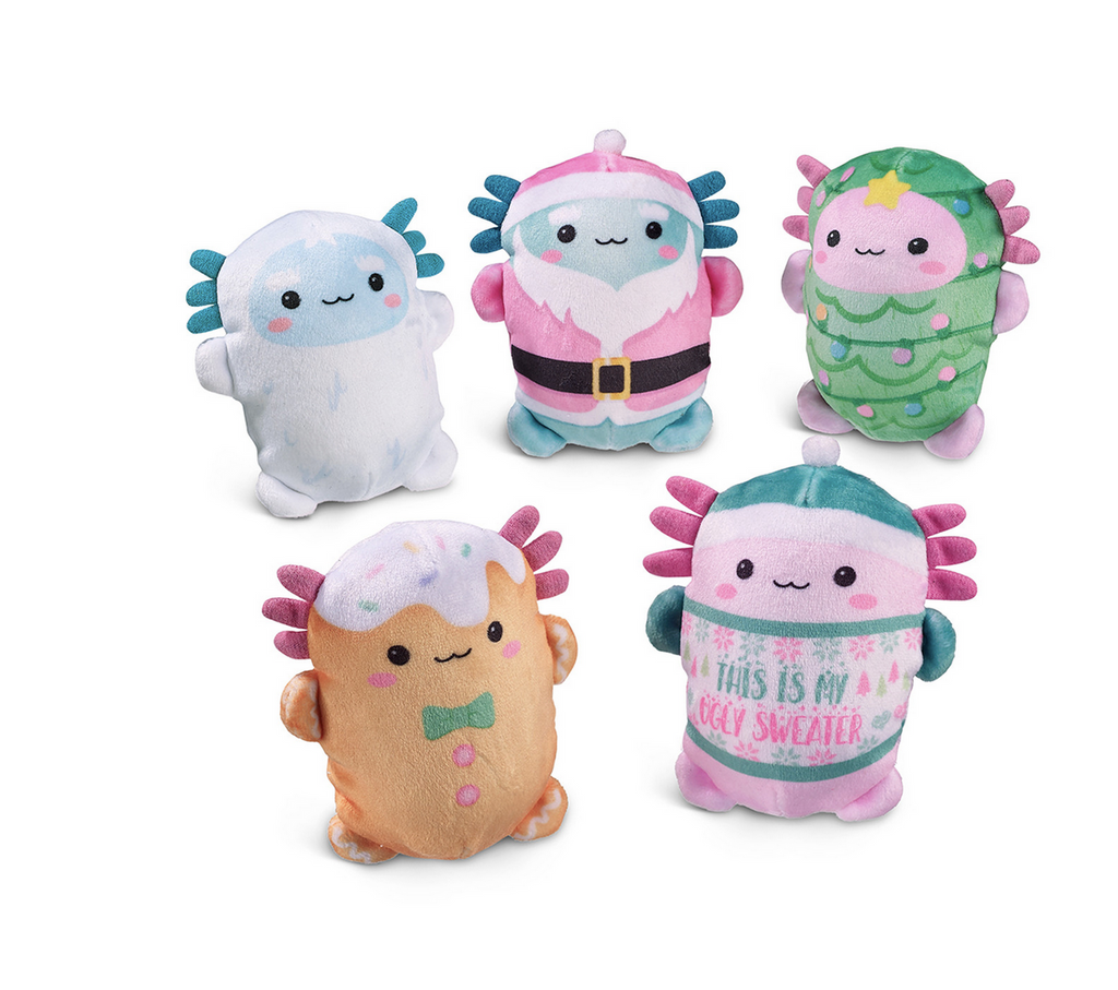 Assortment of fabric covered bubble stuffed axolotls in various Christmas attire-yeti, santa, christmas tree, gingerbread man, and an ugly christmas sweater.