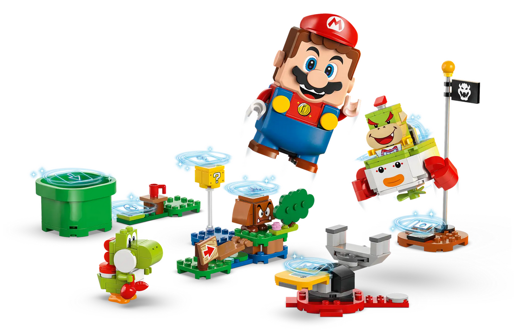 LEGO Mario interactive figure rising above pieces from the play set. Including Bowsers Clown Car. 