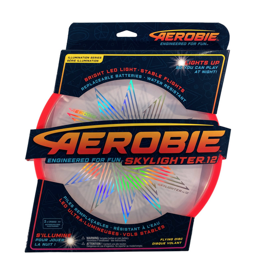Aerobie Light up LED Flying Disc packaged on a hang card that shows colorful design on the front of the flying disc. 