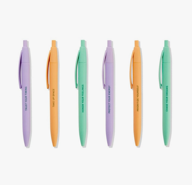 Six soft touch pens. Colors are pale purple, orange sherbet, and mint green.