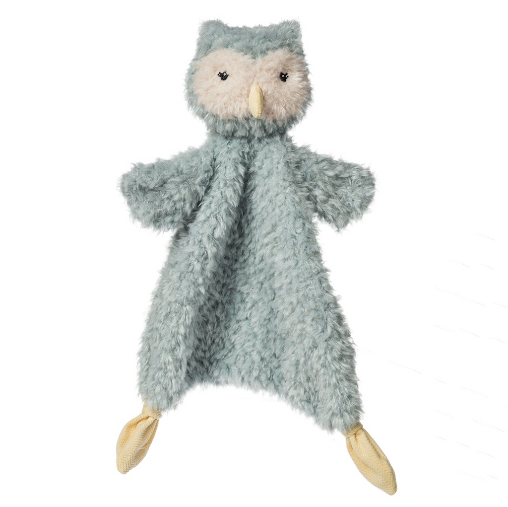 Again Friends Owl Lovey with a muted green plush body and a sweetly, comforting face. 