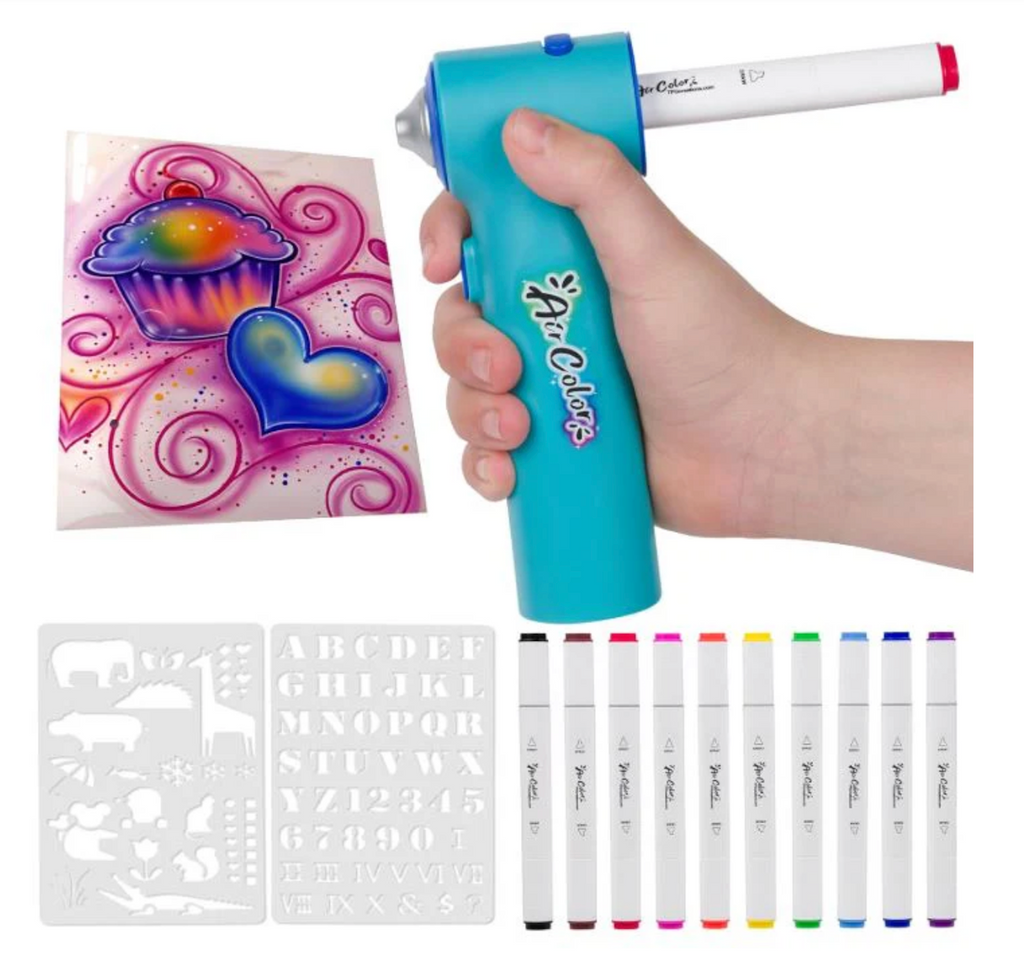 Airbrush coloring tool with 10 dual-tip markers, each with an airbrush nozzle on one end and a drawing tip on the other and stencils. 
