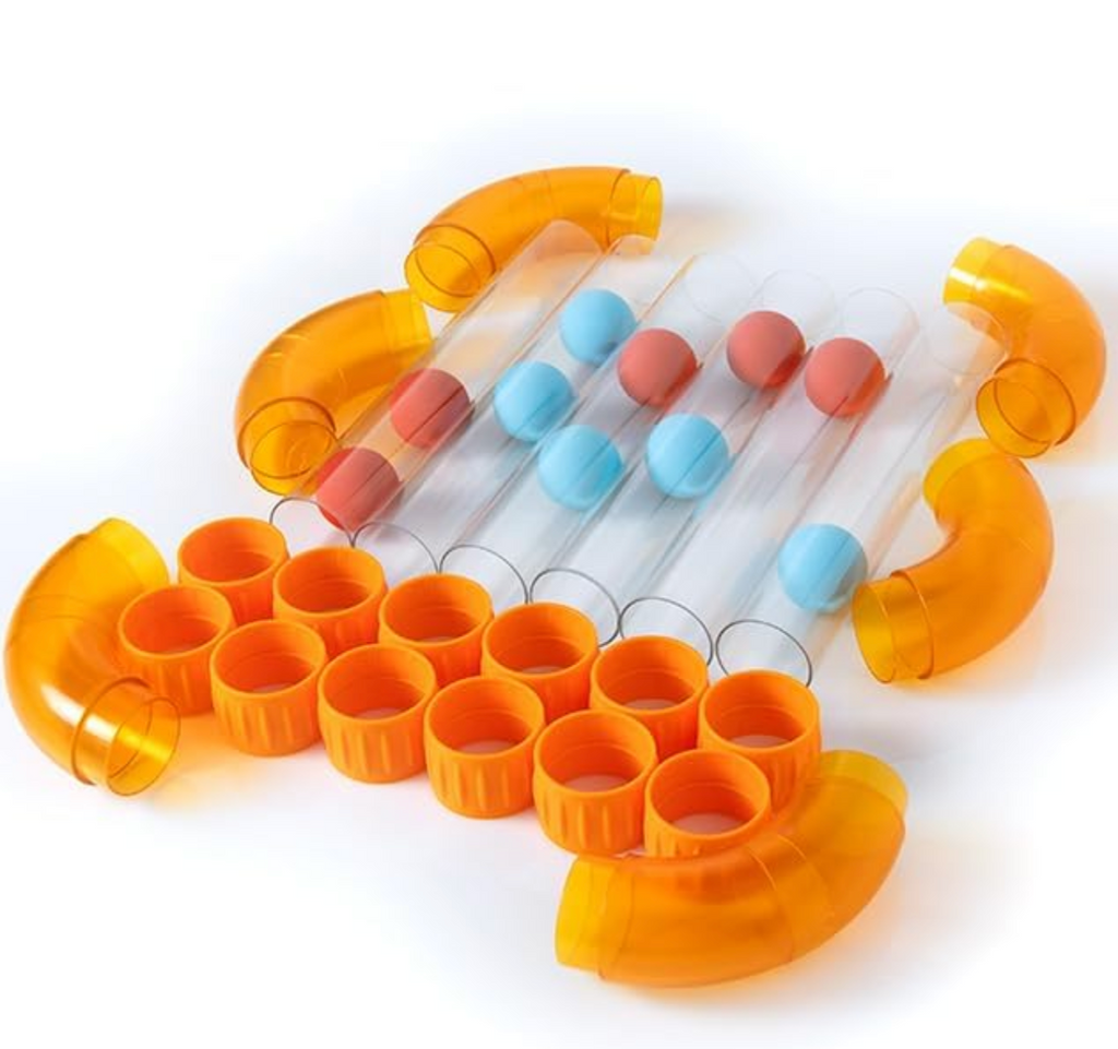 Clear plastic tubes, orange corners and connector pieces and blue and orange foam balls included in the Air Toobz Expansion Pack