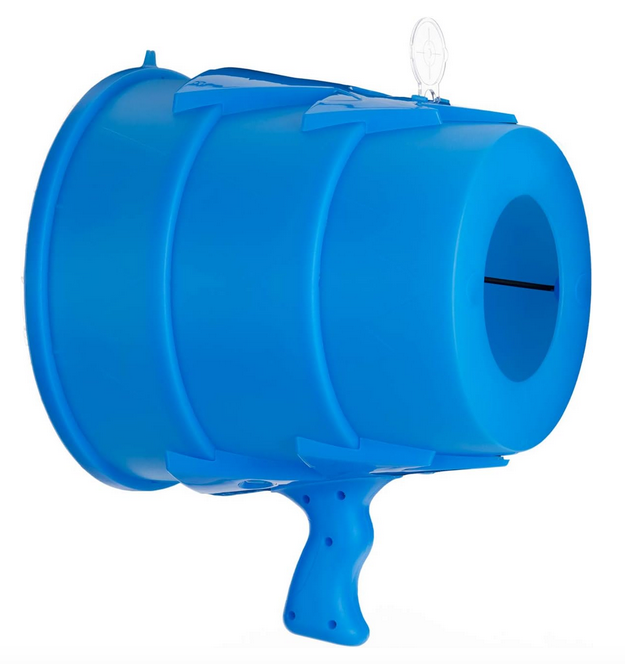 A picture of the actual Airzooka, it is classic blue and looks like a very large megaphone. 