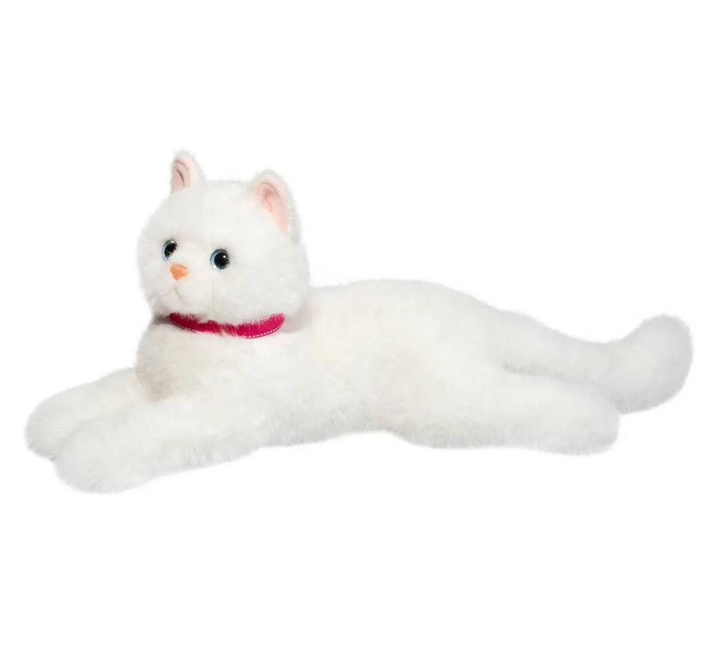 Side view of Alba white cat stuffed animal. 