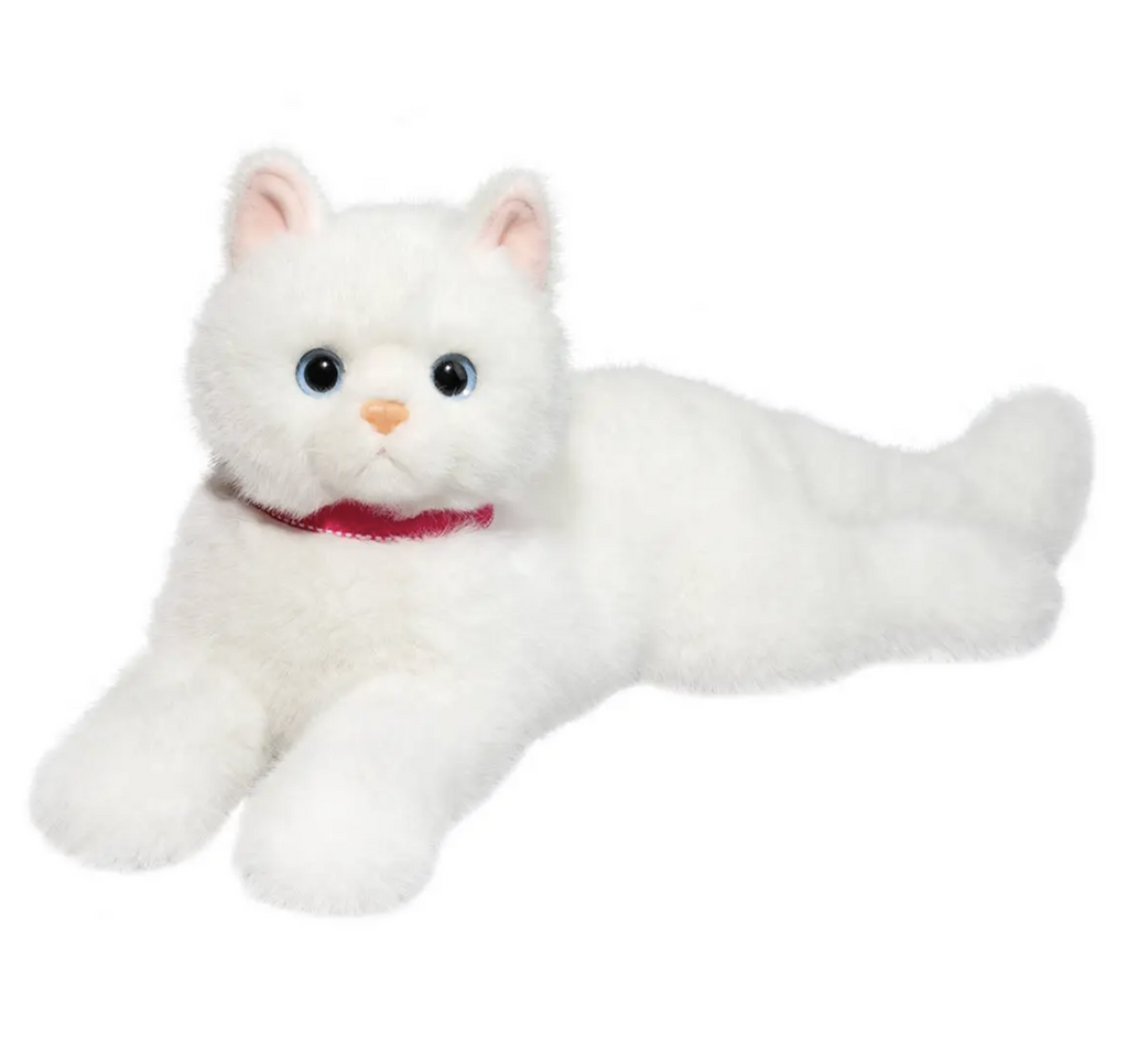 Plush white cat with bright blue eyes lying on it's tummy. 