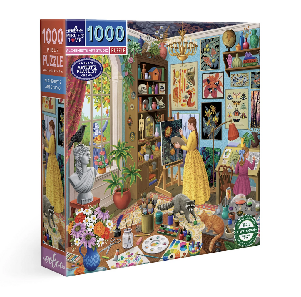 Cover of the box for the Alchemist's Art Studio 1000 Piece Puzzle, where the Alchemist is at work in her meticulously rendered art studio, brimming with natural history inspiration, tools, pigments, and alchemical paraphernalia. 