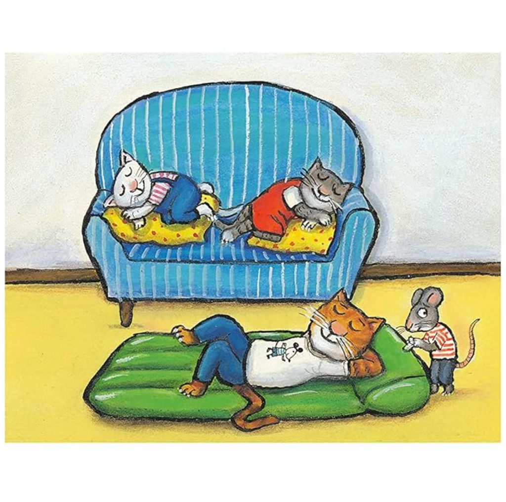 Interior page from "All About Cats" depicting cats napping on a couch and a cushion on the floor. 