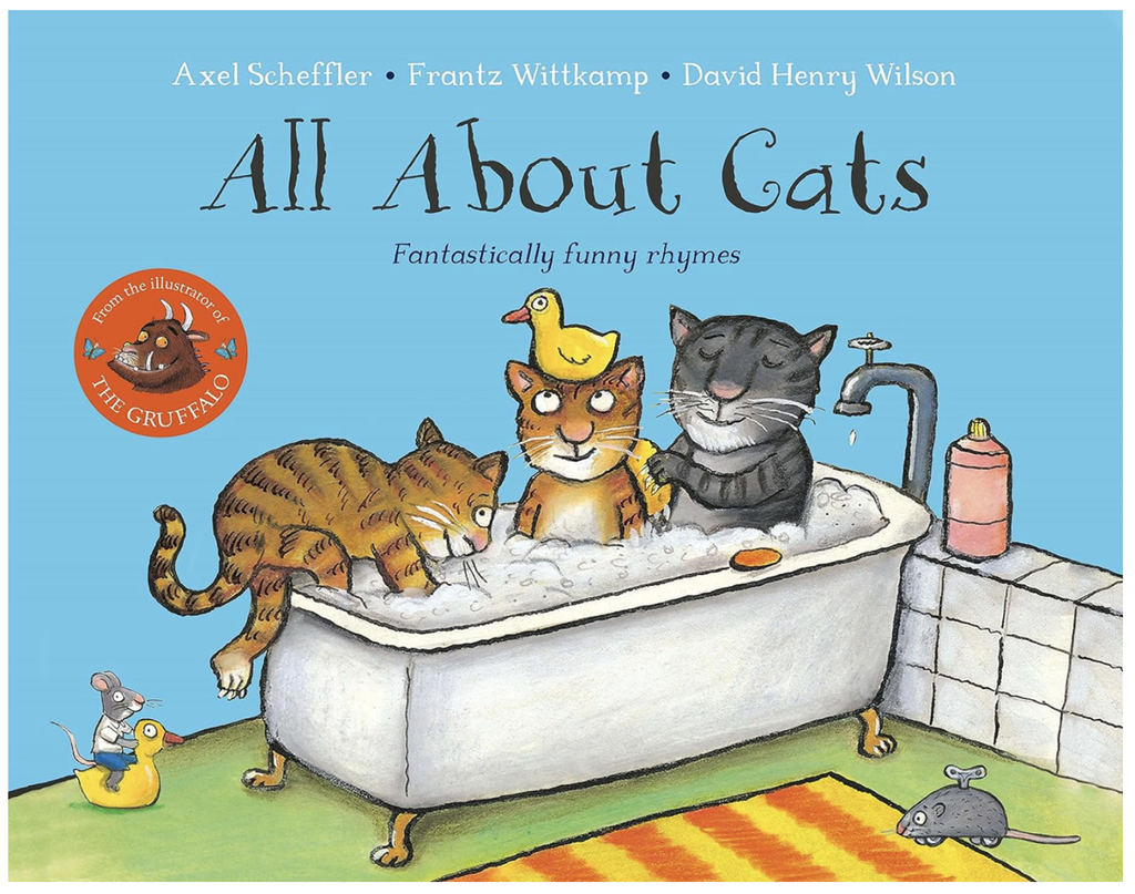 Cover art for "All About Cats" with an illustration of three cats in a bubble bath with rubber duckies. 