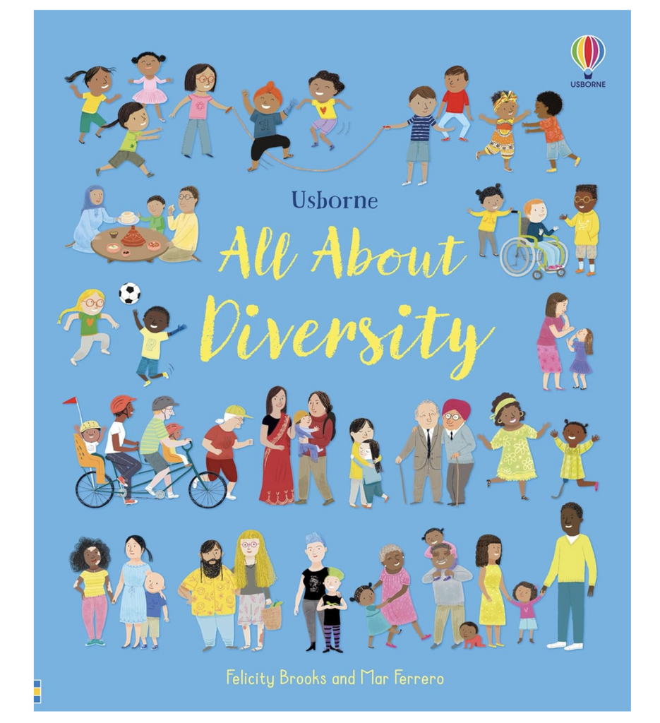 Illustrated cover of All About Divsersity depicting people of all shapes, sizes, color and ethinicities. 