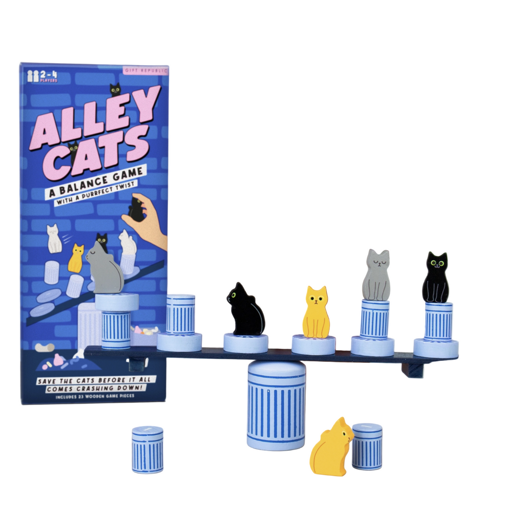 Alley Cats balancing game next to its packaging on a white background