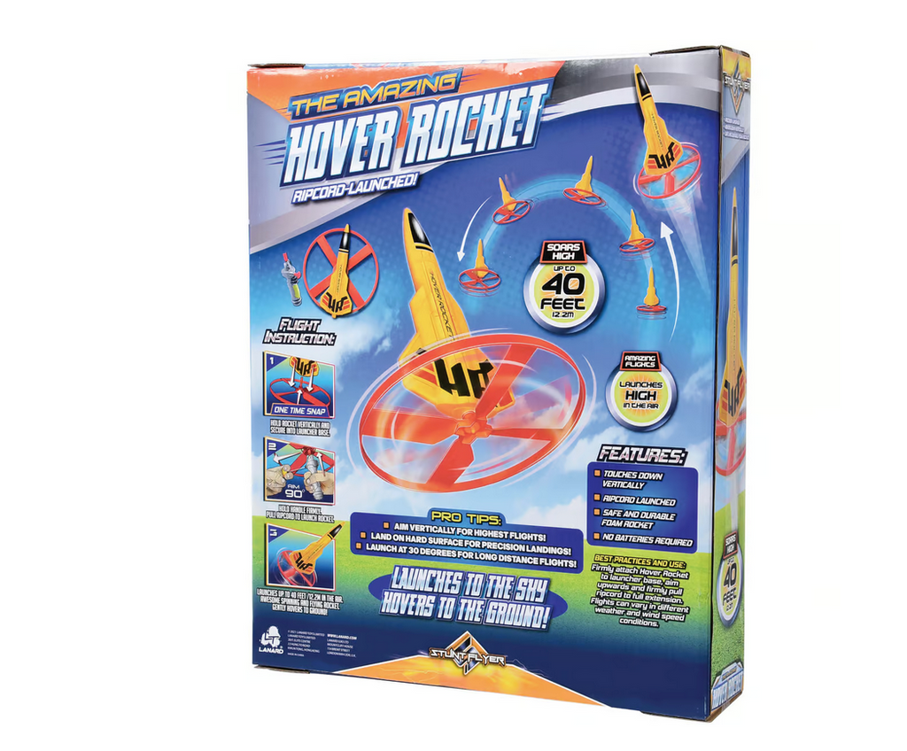 Brightly colored box of The Amazing Hover Rocket features the rocket being launched in the air and small pictures of how the rocket works.