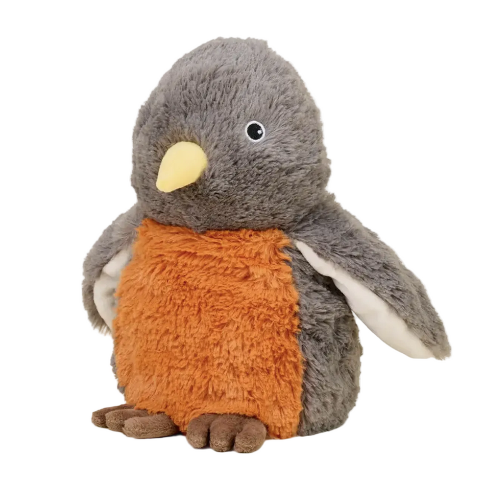 Weighted American Robin stuffed animal with orange breast, grey feathers and yellow beak. 