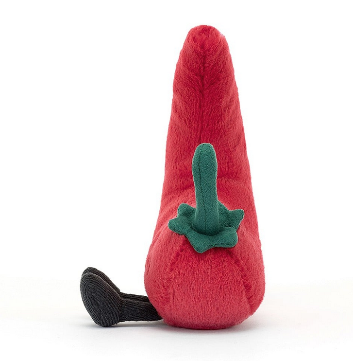 View of the plush chili pepper from the green stem. 