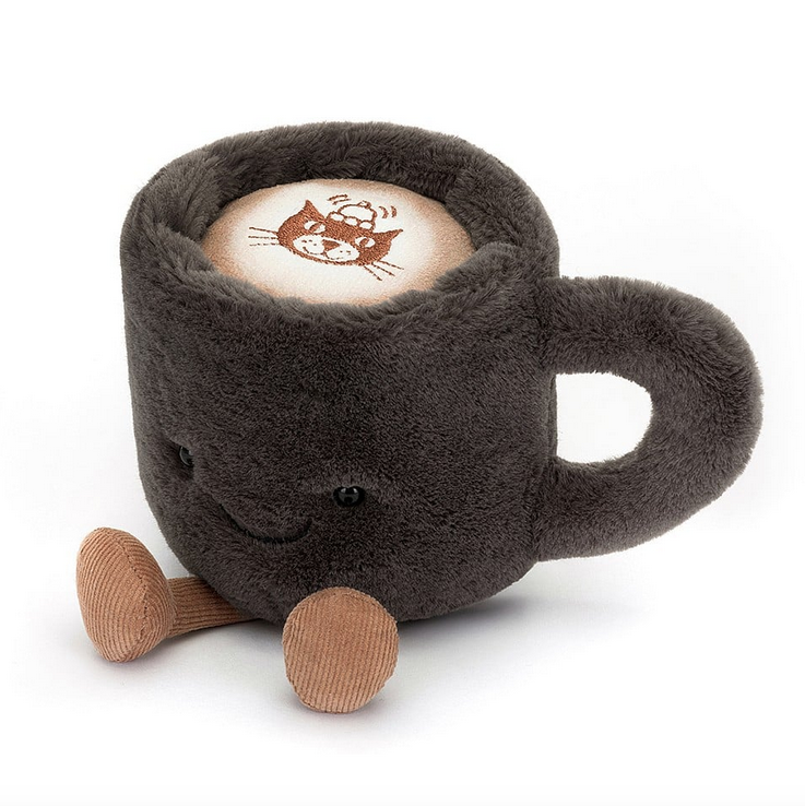 Dark grey plush coffe cup with tan boots, leaning forward to show the Jellycat stencil embroidered on top. 