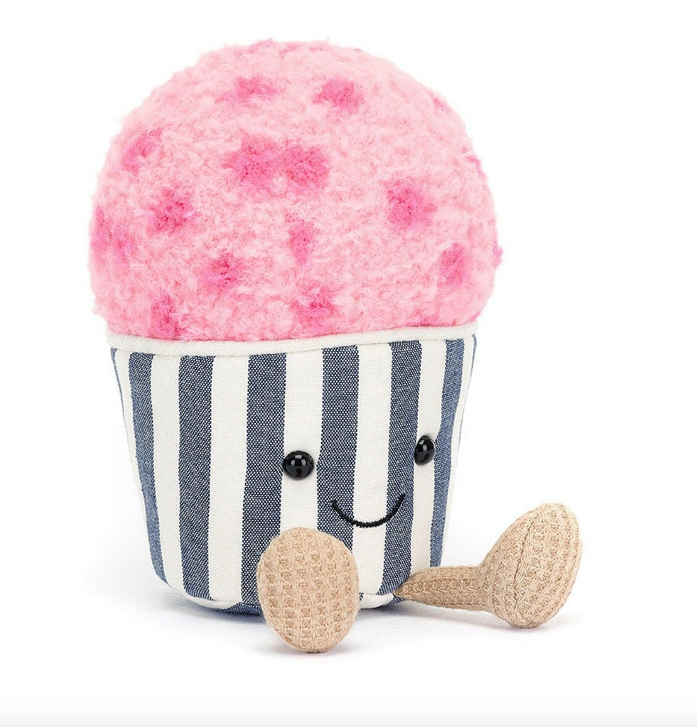 Side view of plush cup of gelato in a blue and white striped cup.
