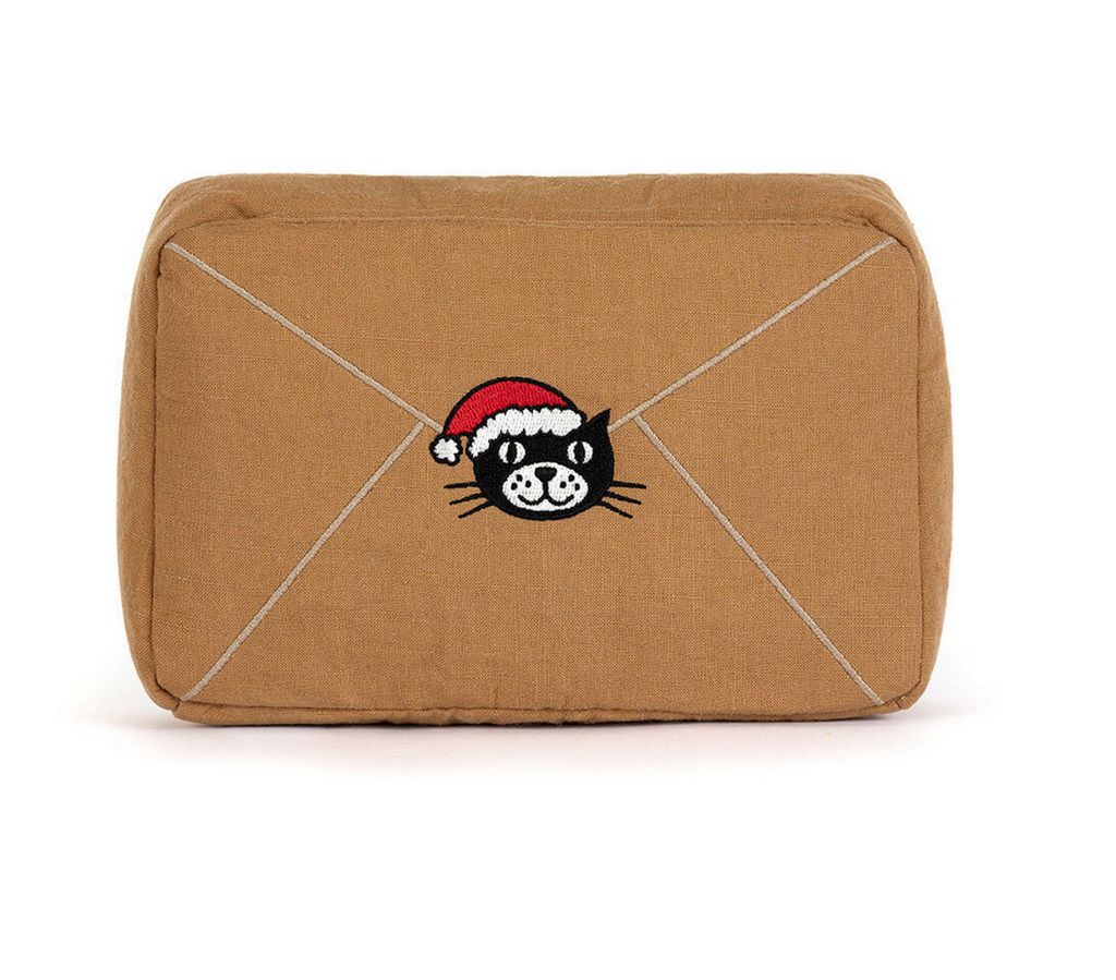 Brown pouch with a cat face design wearing a red hat on a white background