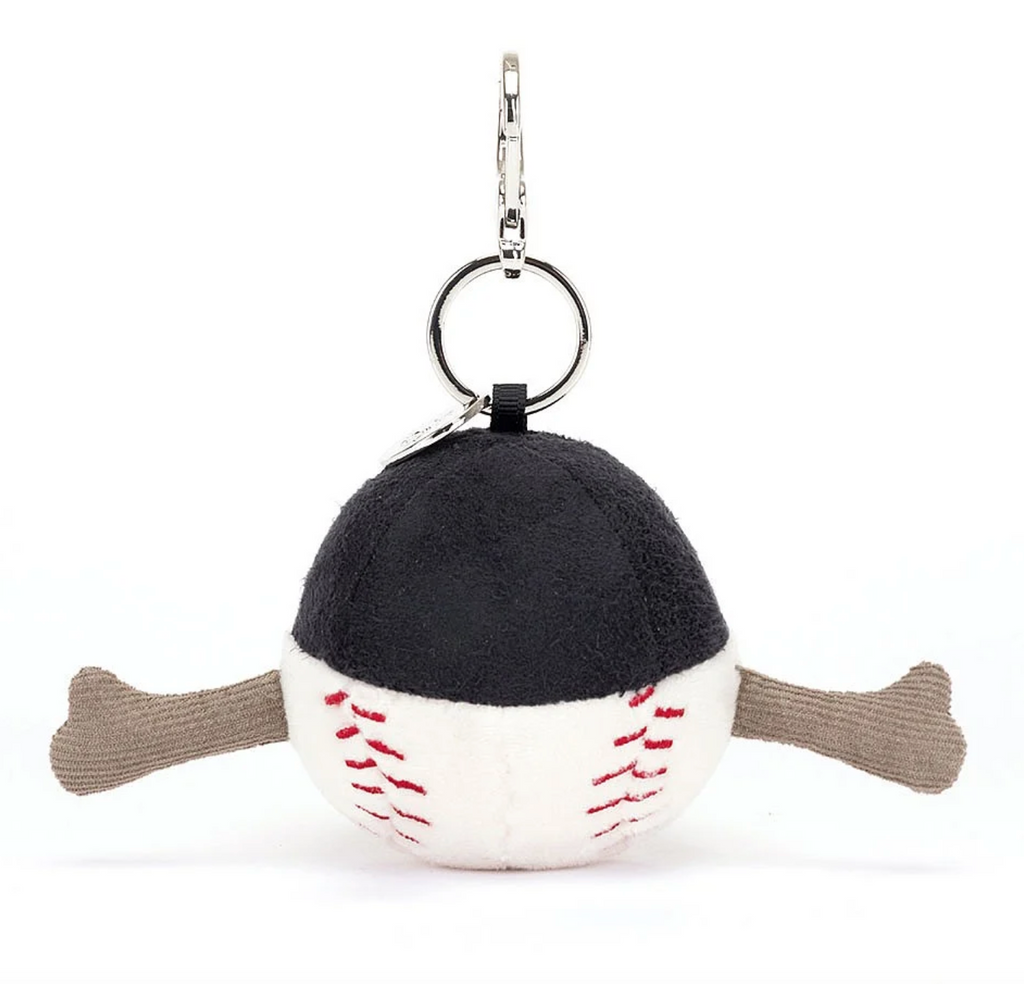 Back view of the Amuseable Sports Baseball Bag Charm with tan courduroy arms, navy ball cap and red stitching.