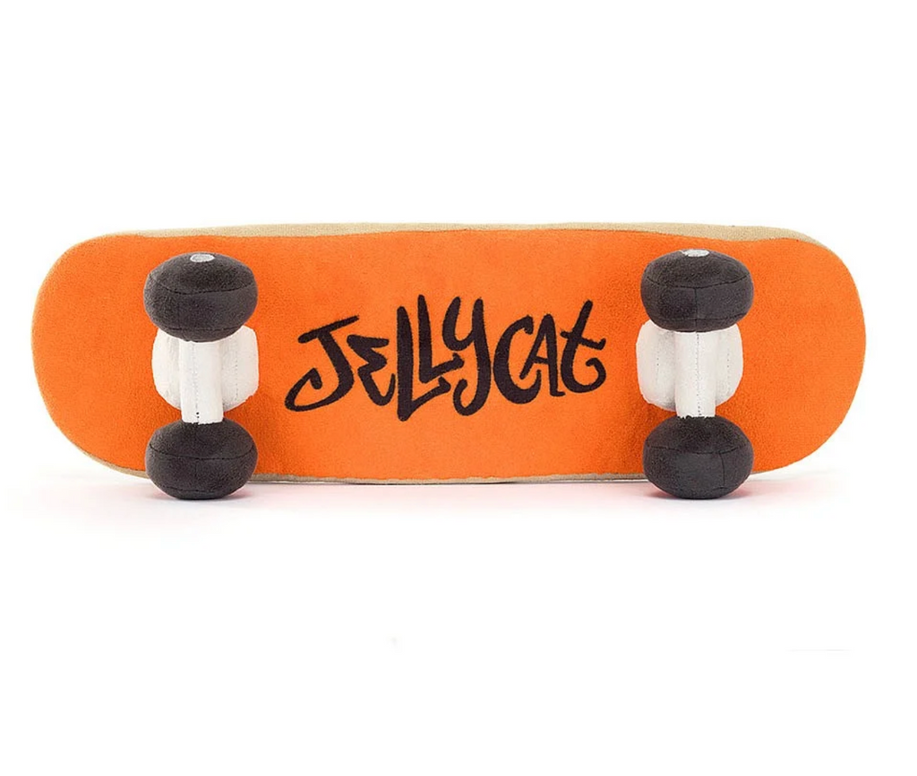 View underneath the Amuseable Sports Skateboard with orange board and Jellycat written in grafitti style.